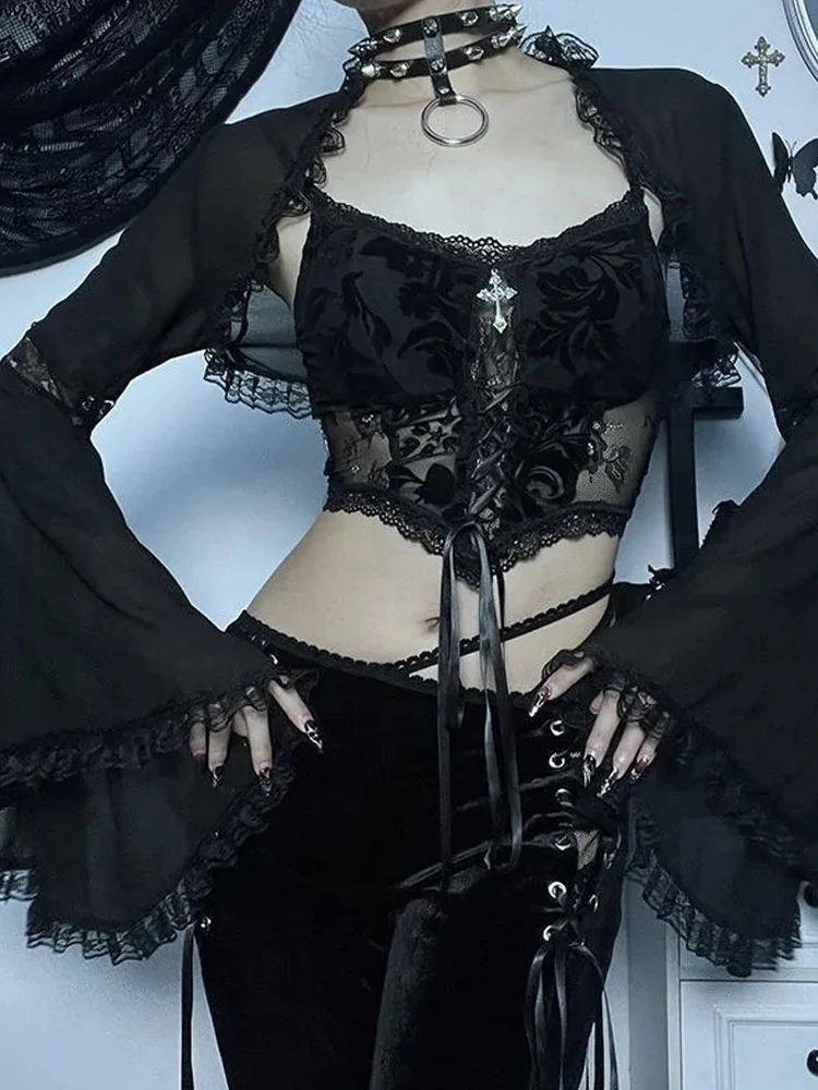 

Women's Gothic Lace Trim Shrug Sheer Mesh Long Sleeve Cropped Bolero Open Front Cardigan Y2K Summer Sunscreen Blouse Party Shirt