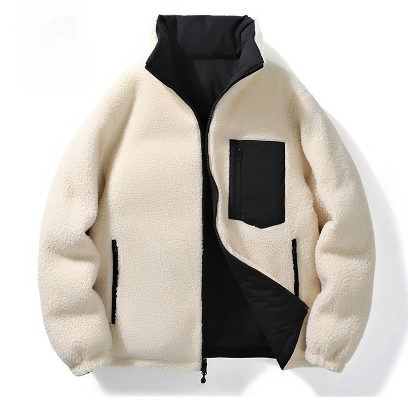 Men Reversible Sherpa Lined Padded Jacket Stand Collar Zipper Multi Pockets Warm Windproof Winter Casual Daily Outerwear Coat