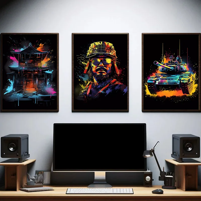 Neon Video Game Character Poster Prints Gamepad Headphones Football Basketball Canvas Printing Wall Art Decor Gaming Room Decor