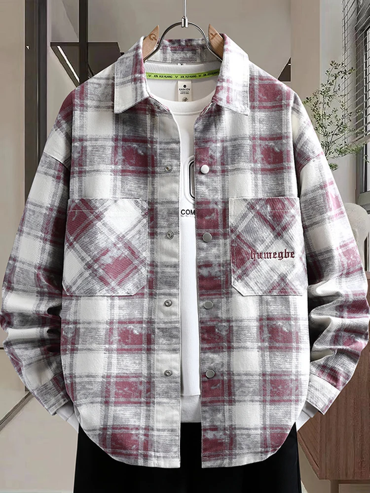

American Retro Plaid irt Jaet Men's Loose Spring Autumn New Trendy High Street Casual Outerwear Youth Long Sve Button ...