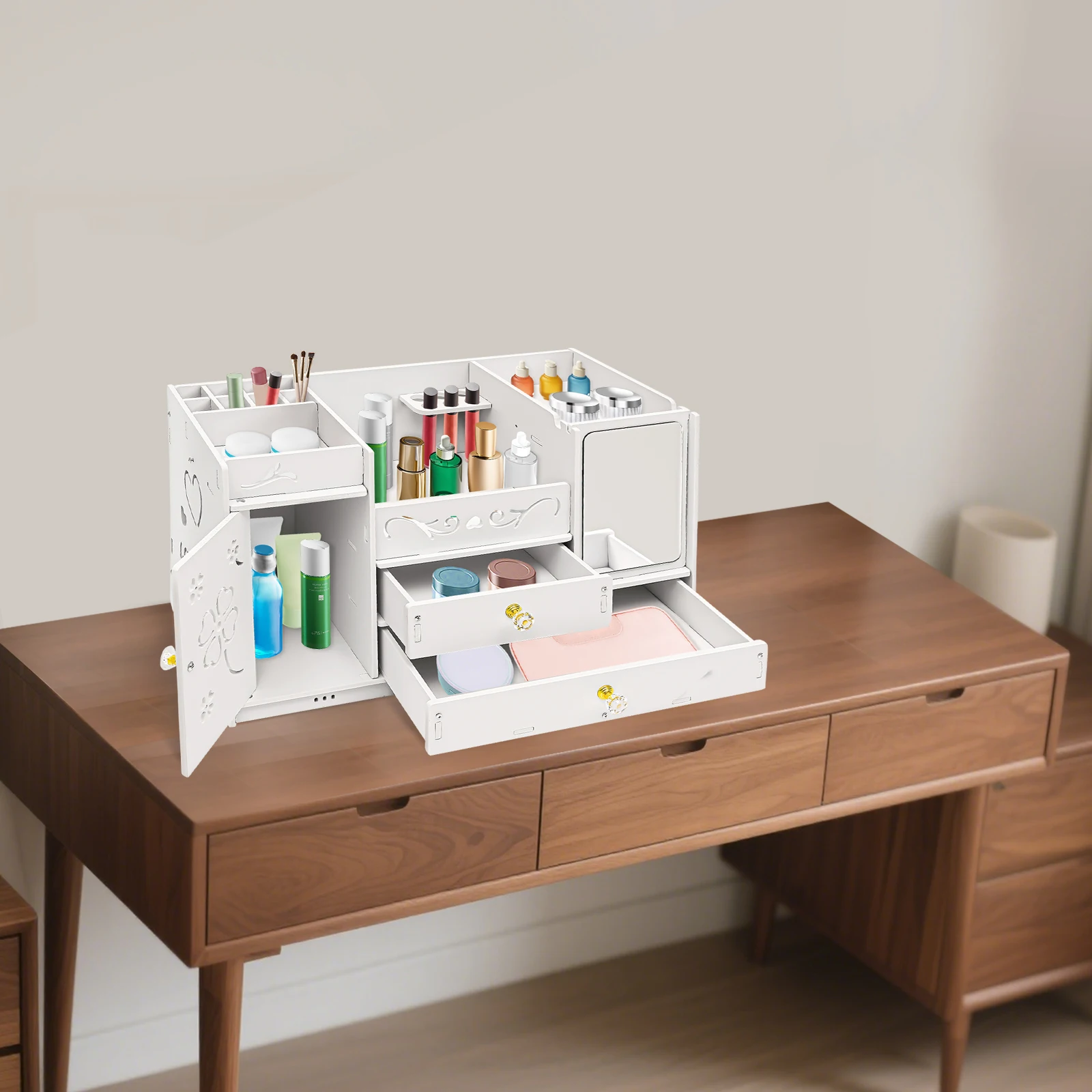 Elegant Multi-Compartment Makeup Organizer with Mirror