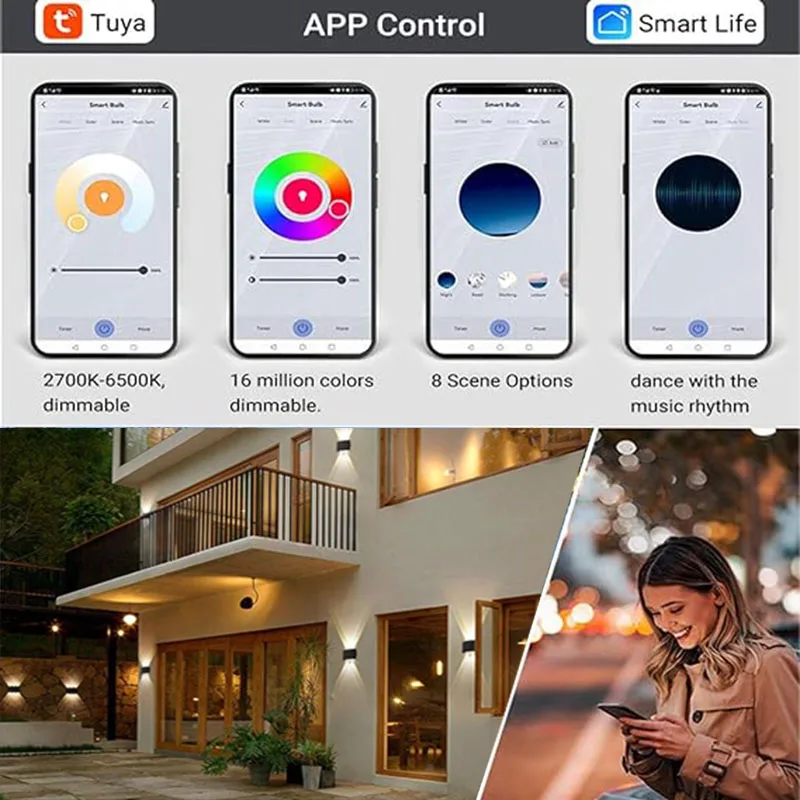 Tuya Smart Life APP controlado 85-265V RGB + CCT IP65 alumínio para cima e para baixo luz regulável externa, funciona com Alexa Google