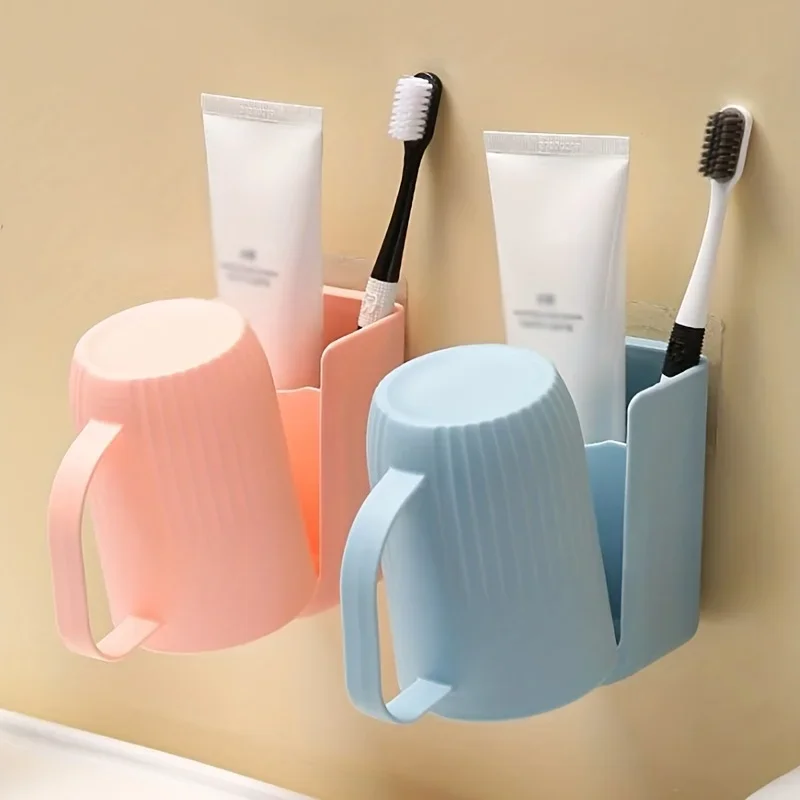 2pcs Non perforated with storage teeth brushing cup holder, bathroom wall mounted multifunctional wash cup storage rack