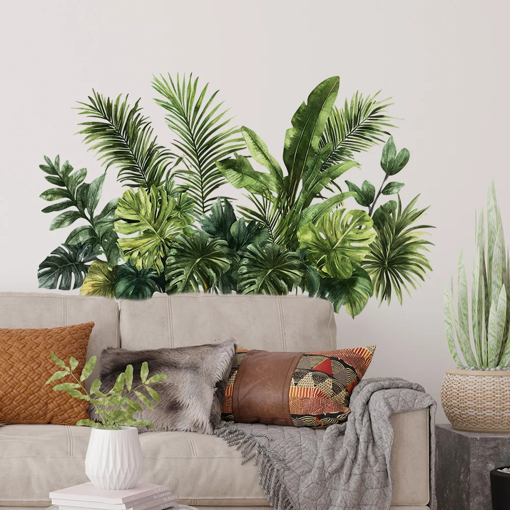 Watercolor Tropical Green Plants Wall Stickers, Removable Monstera Palm Leaf Decals, Peel and Stick Decor for Living Room view 2