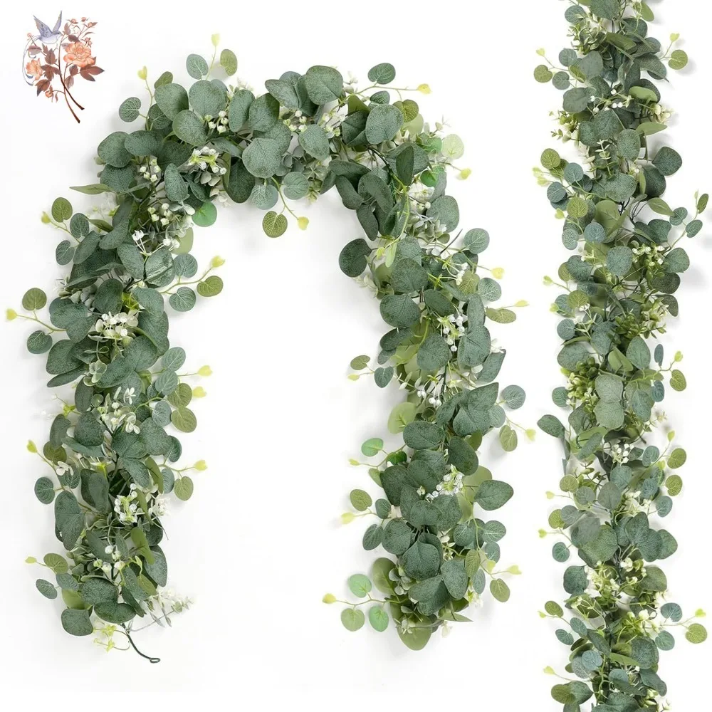 

1pc Greenery Artificial Eucalyptus Leaves Vines Rattan Garland with White Gypsophila Flowers for Wedding Home Table Runner Decor
