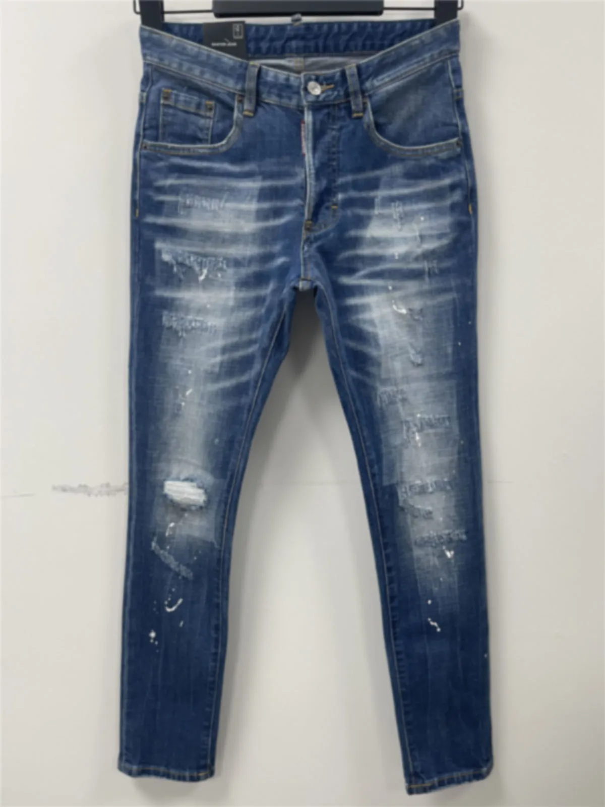 

2024 Spring/Summer New D2 Jeans for Men, Washed, Scratched, Patched, Painted, Splashed, Slimming, Small Feet, Blue