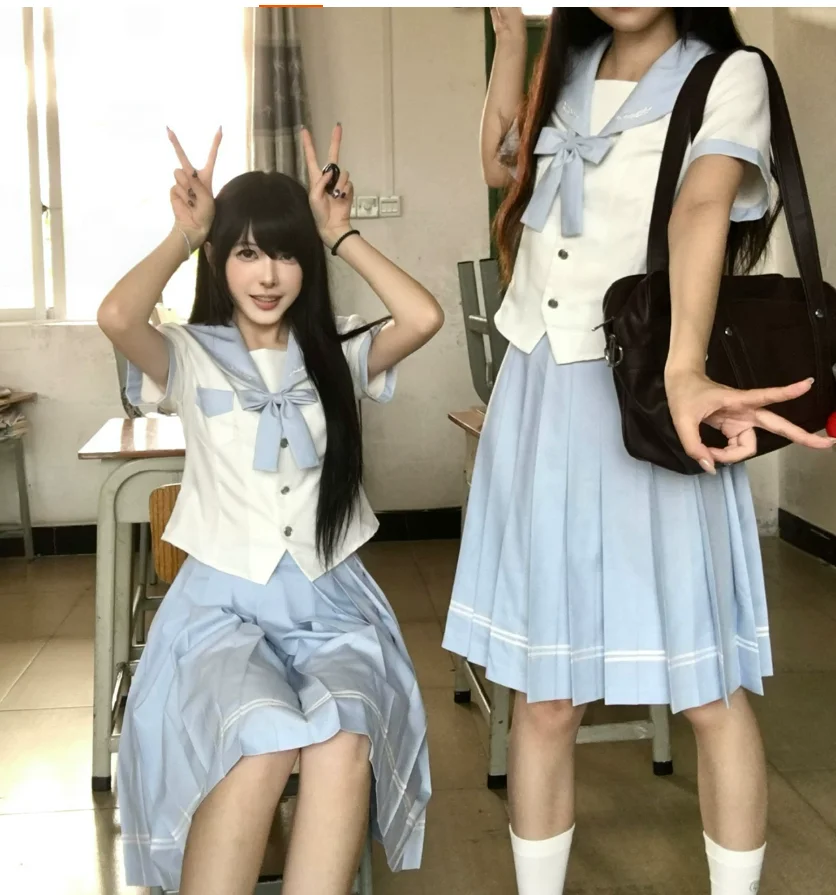 Summer Sweet Japanese Jk Sets Cute Girl Versatile Age-reducing Short Sleeve Navy Collar Shirt Fashion High Waist A-line Skirt