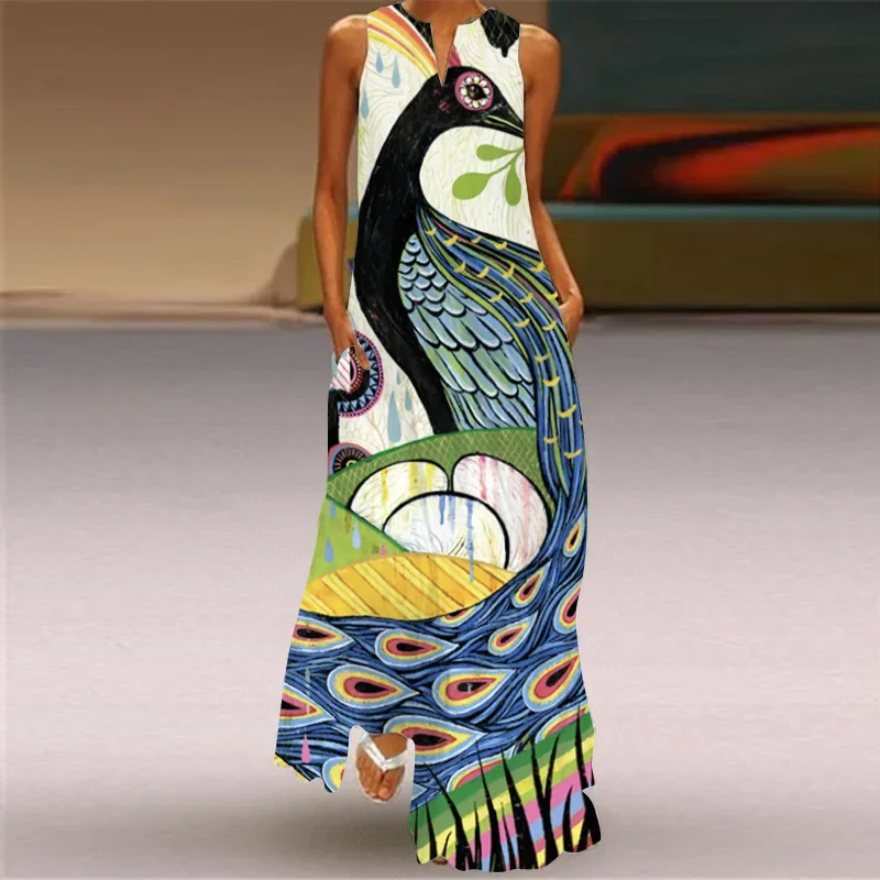 Sexy V-neck Sleeveless Women's Sundress 2022 Summer Fashion Long Dress with Pocket  VestidosVintage Print Casual Lady Maxi Dress