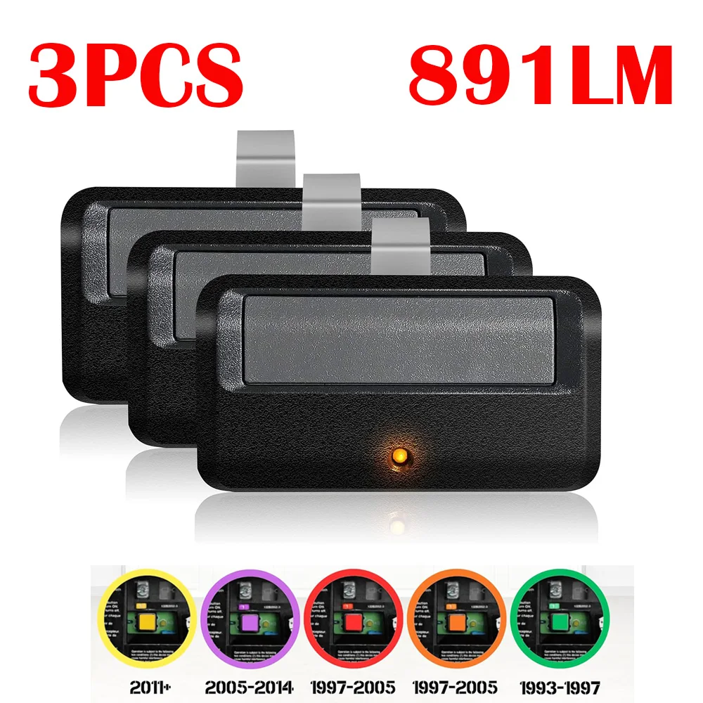 Universal Garage Door Opener Remote Control 3PCS 891LM for 5 Color Learn Buttons with Visor Clip