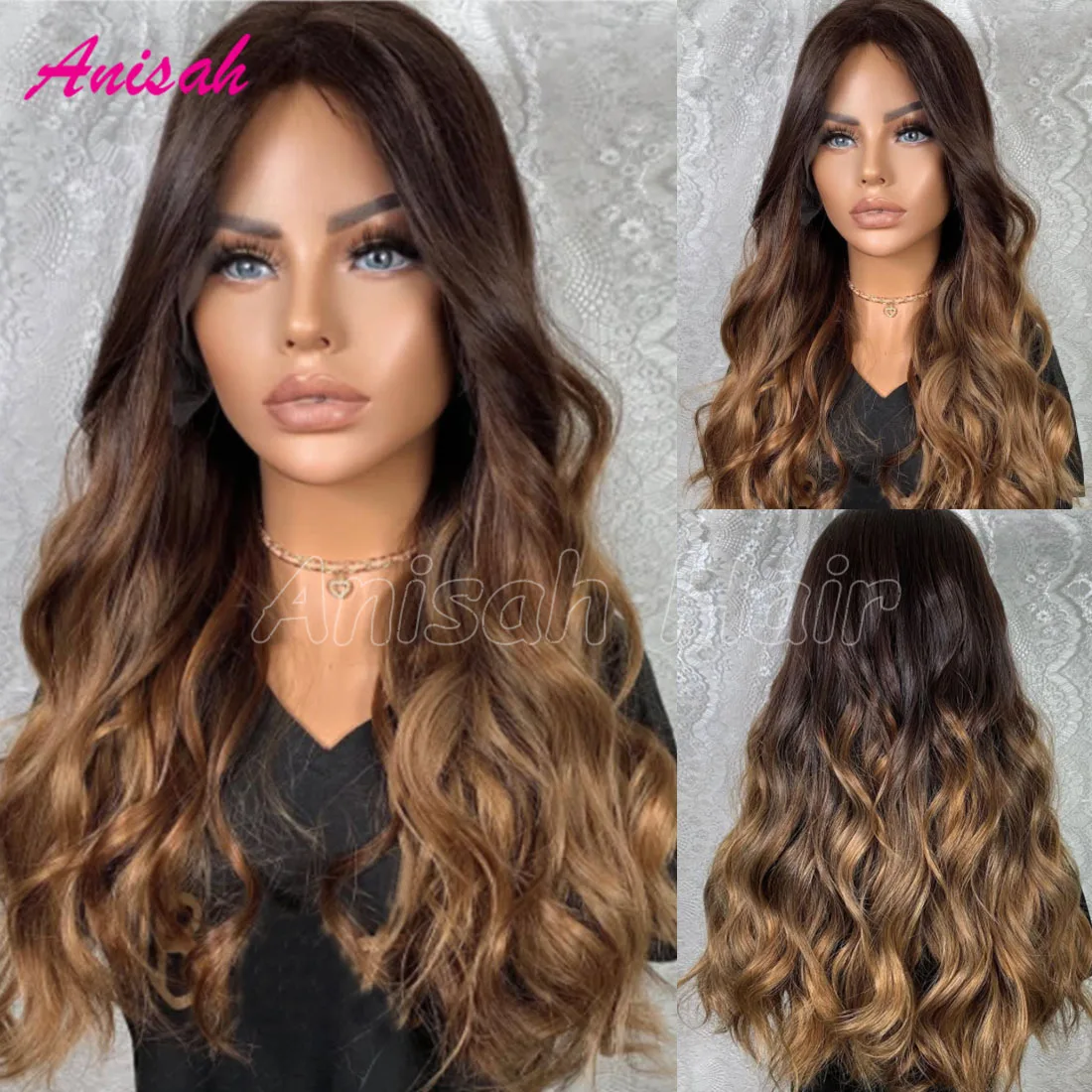 

Ombre Brown Wavy Human Hair Wigs for Women Lace Front Wig Pre Plucked Brazilian Virgin Hair Glueless Lace Closure Wig