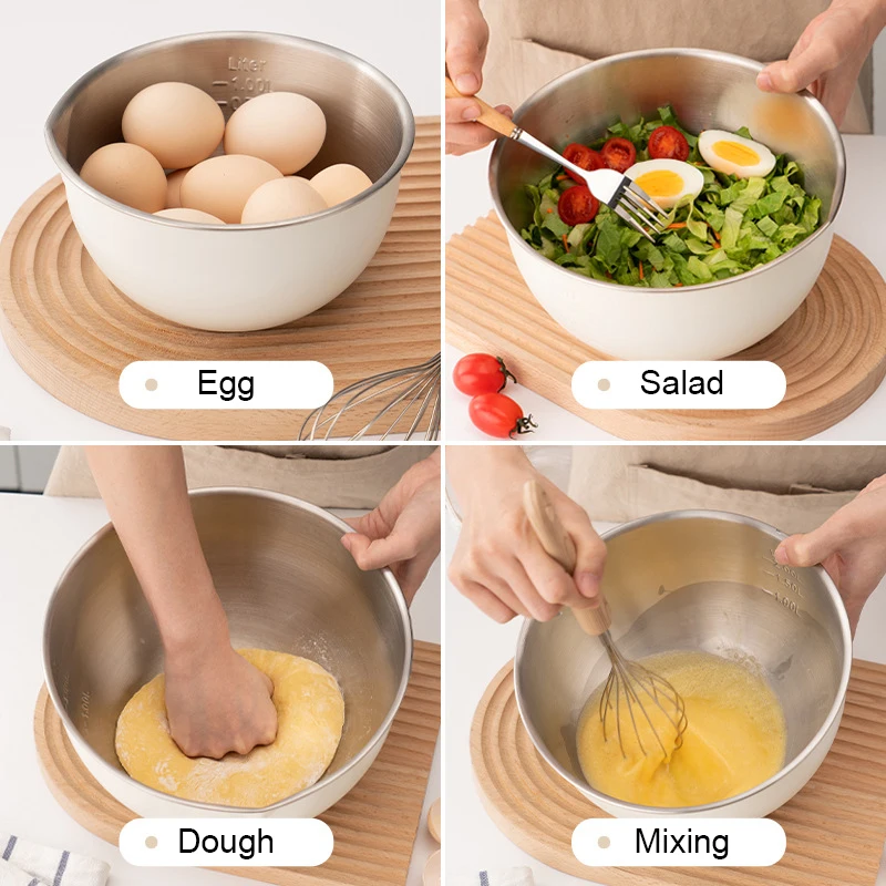 1.5L/2.5L/4.5L 304 Stainless Steel Mixing Bowls Non Slip Whisking Basins Kitchen Tableware for Cooking Pastries Salad Cooking