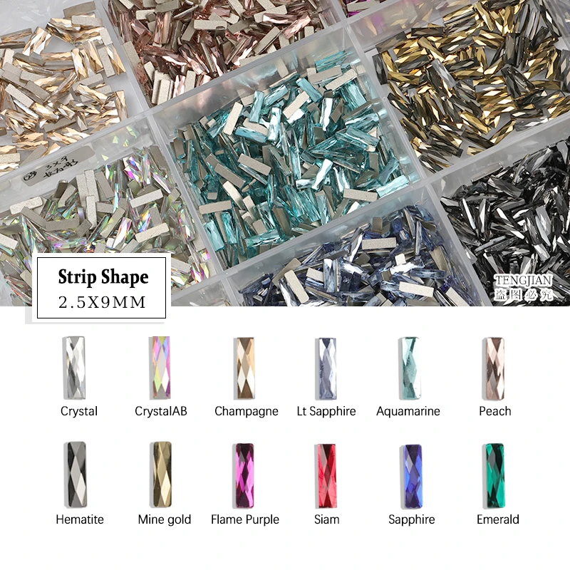 Strip 2.5X9MM Flatback Shiny Glass Crystal Nail Art Rhinestone Stone Diamond DIY Manicure Decoration Accessories 12Color