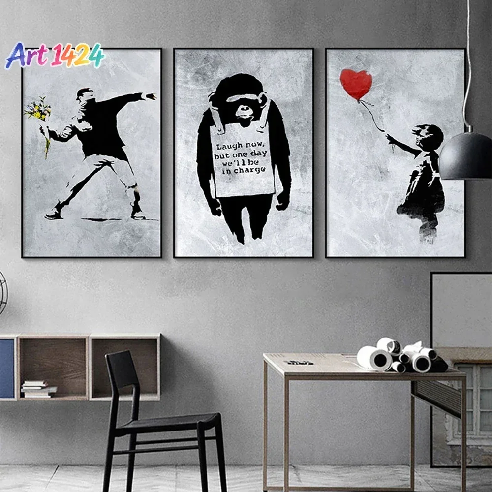 1pc frameless canvas painting Banksy Street Graffiti Decorative Canvas Painting Girl with Balloon Art Poster Abstract Figure