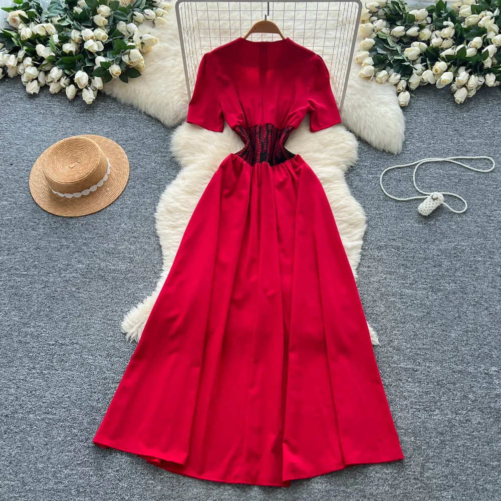 Chic vintage scollo a V stampa manica corta slim Elegante fata moda coreana Boho Sundress abbigliamento donna Abito lungo