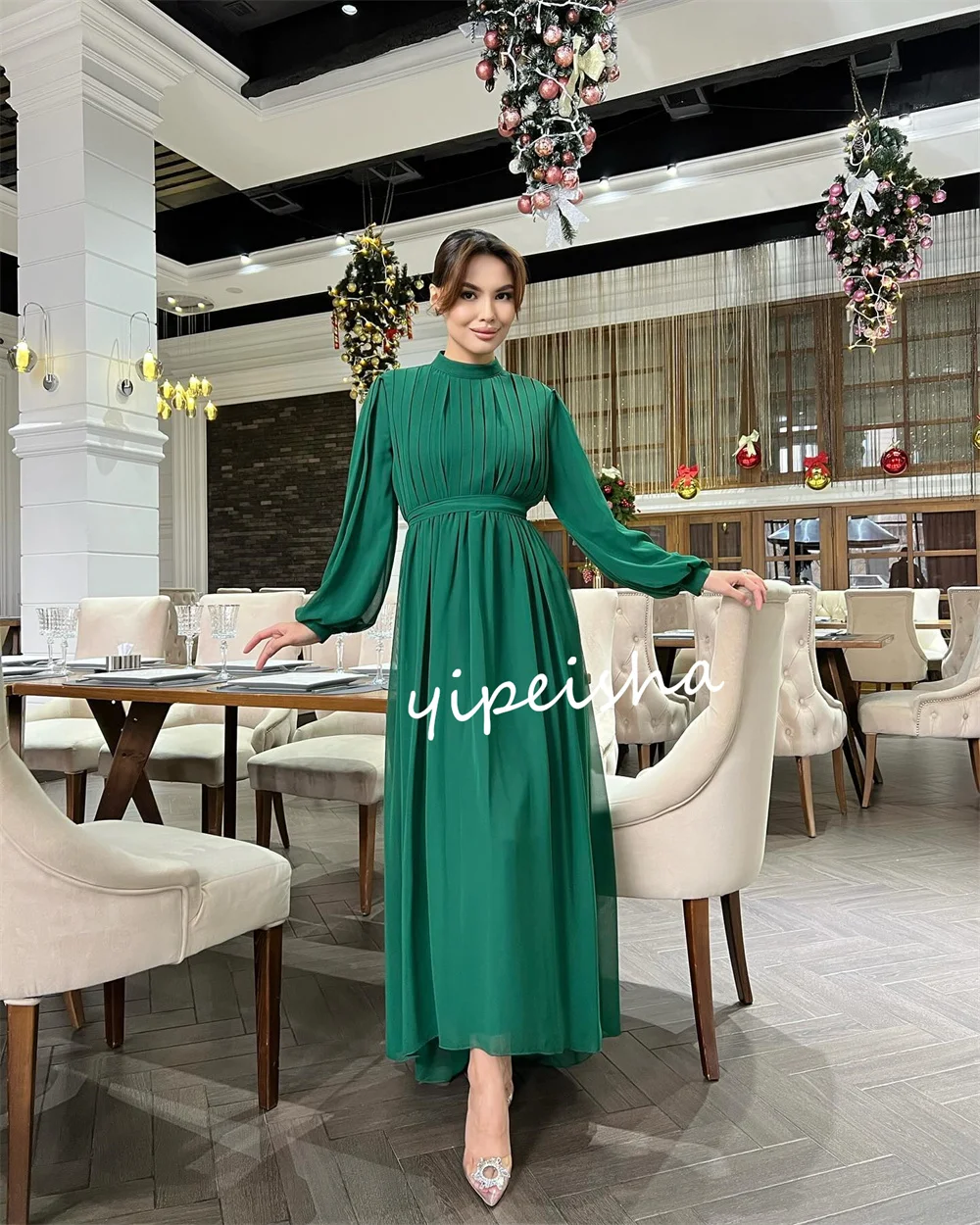 Gaun Prom, Fashion sifon Pleat A-line kerah tinggi gaun Midi Gaun Prom Formal cocok sederhana gaya Modern Unisex Pastrol klasik