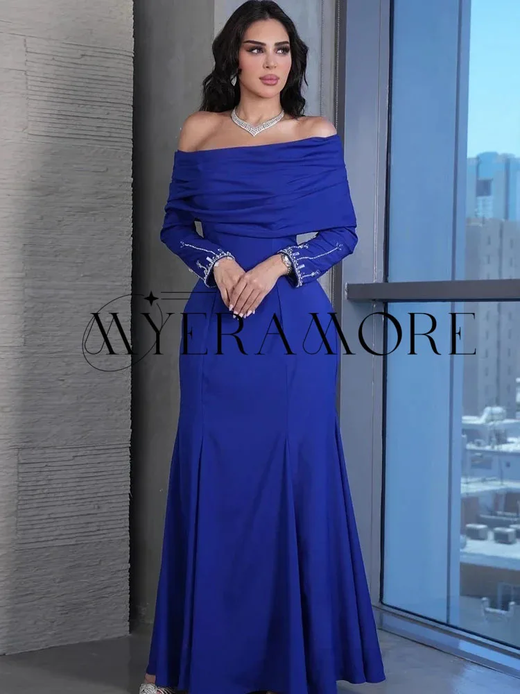 Robes de soirée élégantes, épaules dénudées, bleu, manches longues, sirène, plis perlés, robes de bal personnalisées