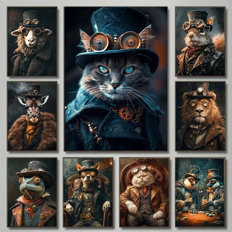 （2D canvas painting）Cool Steampunk Animals Portrait Canvas Print Posters Pictures Retro Animal Wall Art Painting Mural for Li
