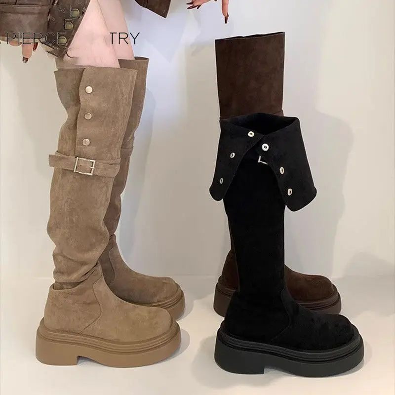 

Thick soled high top knight boots 2025 new suede two over knee boots retro long boots for women