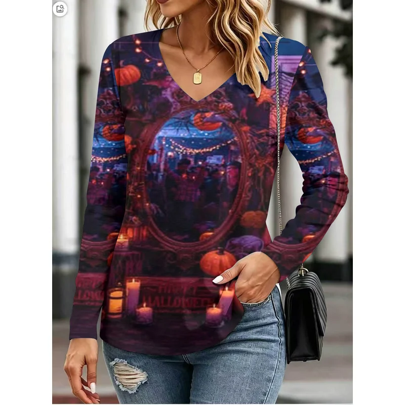 Halloween PrintVCollared long-sleeve women's clothingTShirt Skin-friendly breathable and versatile top