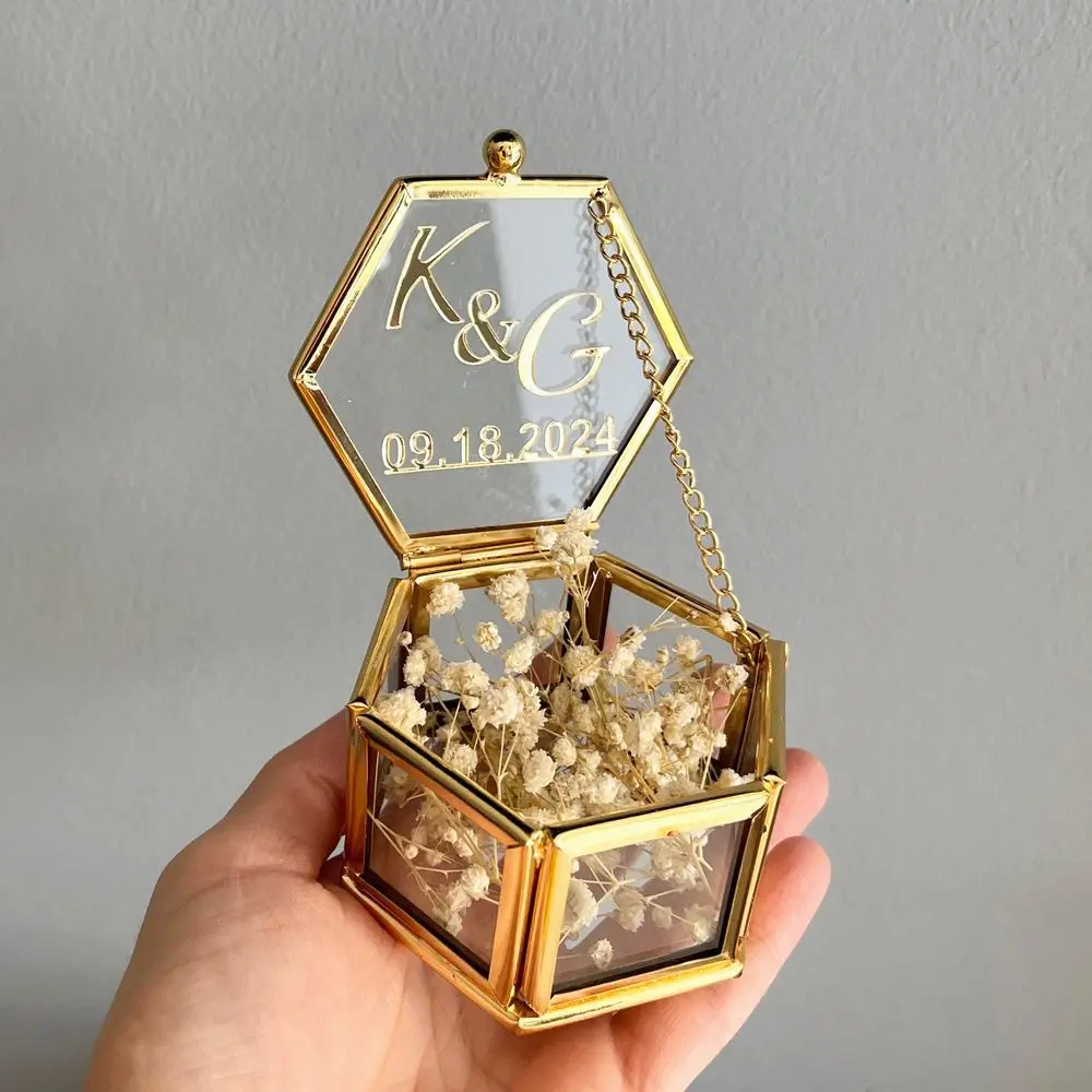شخصية سداسية الزجاج خاتم صندوق رومانسية العروس والعريس خاتم الذهب حالة حفل زفاف المشاركة ديكور DIY زهرة موس