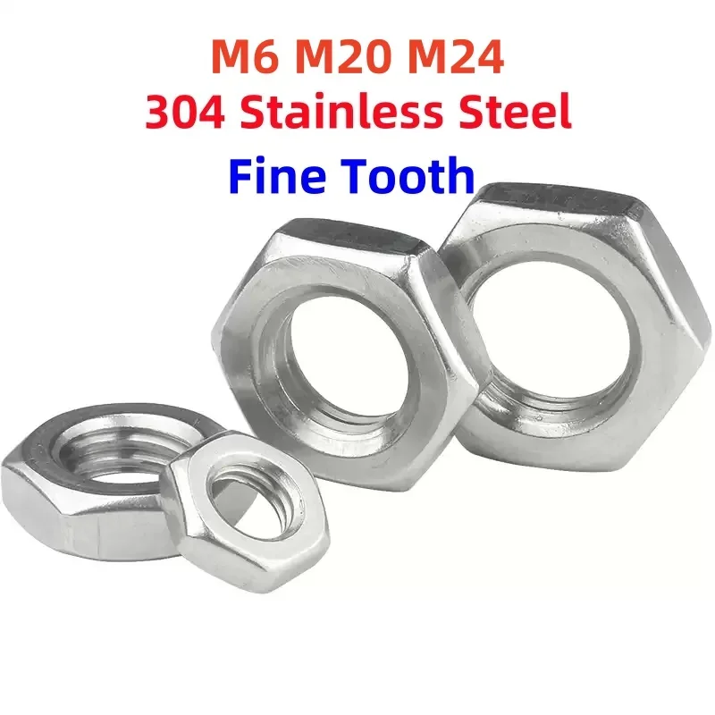 M6 M20 M24 304 Stainless Steel Fine Thread Hexagon Thin Nuts Flat Hex Hexagon Wafer Low Thin Jam Nut Pitch 0.5/1/2 mm