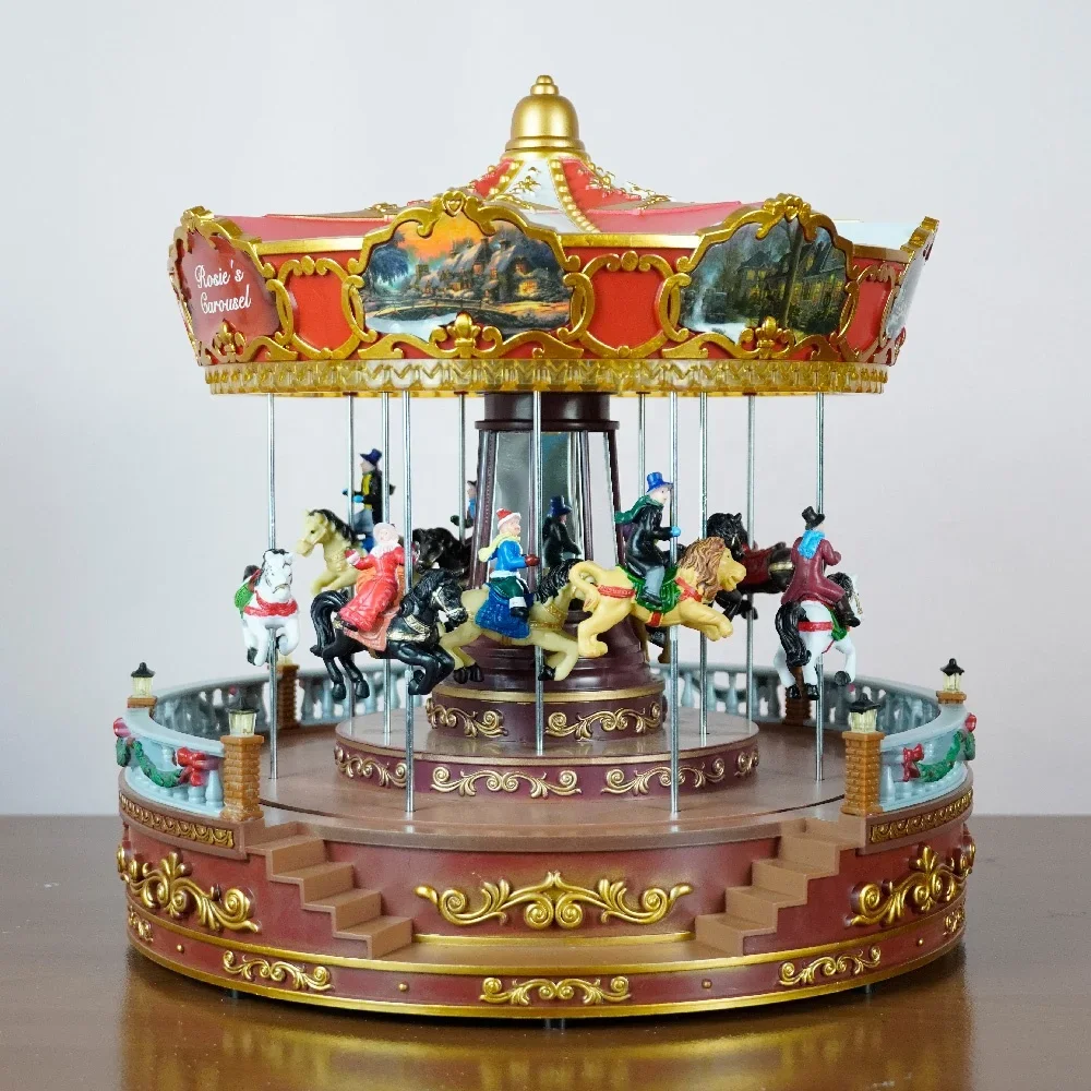 Animated Led Musical Red noel Christmas Carousel Music Box For Christmas Holiday Decoration