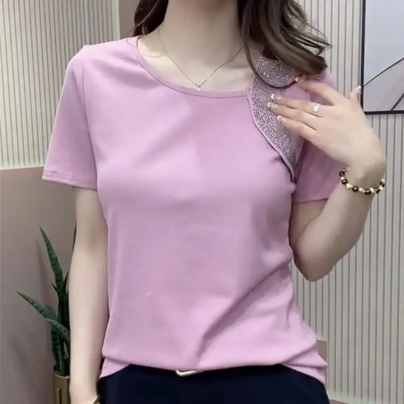 

New Summer Women's Solid Colors Skew Collar Short Sleeve Loose Thin Pullovers Rhinestone Fashion Casual All-match Tops