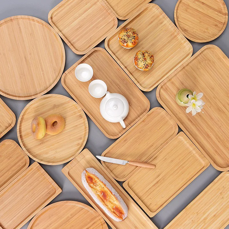 

Bamboo tray Bamboo tea tray Household rectangular tray cup holder Round plate wooden fruit tray