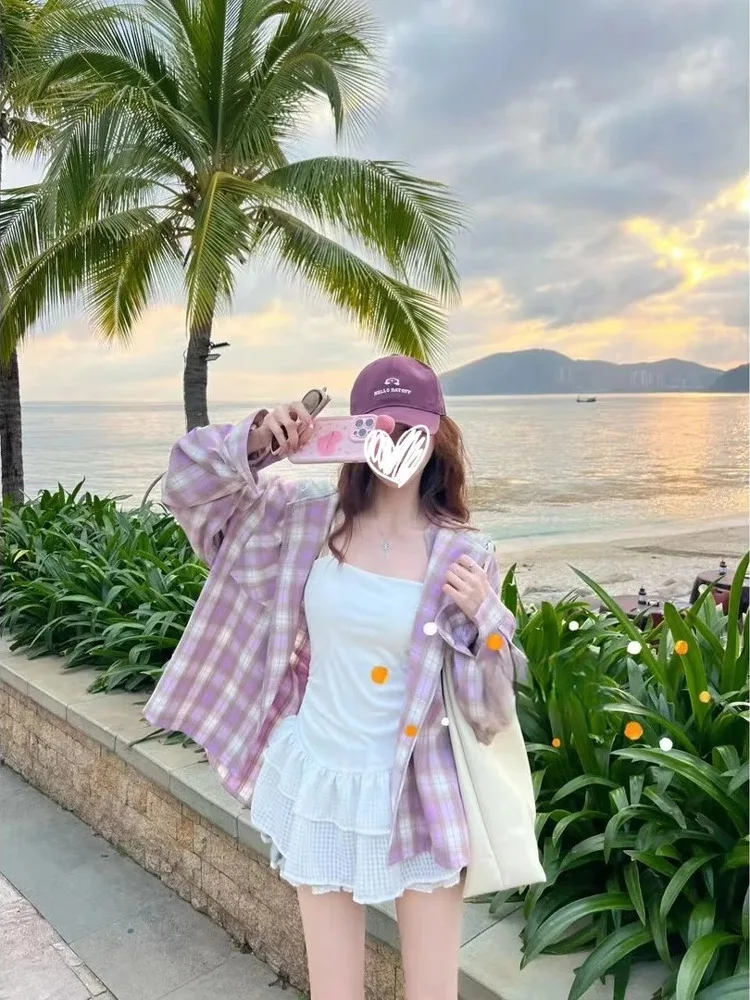 

Korean Sle Lazy Plaid irt Jaet Women Summer New Chic Loose Hood Design Sensation Sunscreen irt Blouse Long Sve