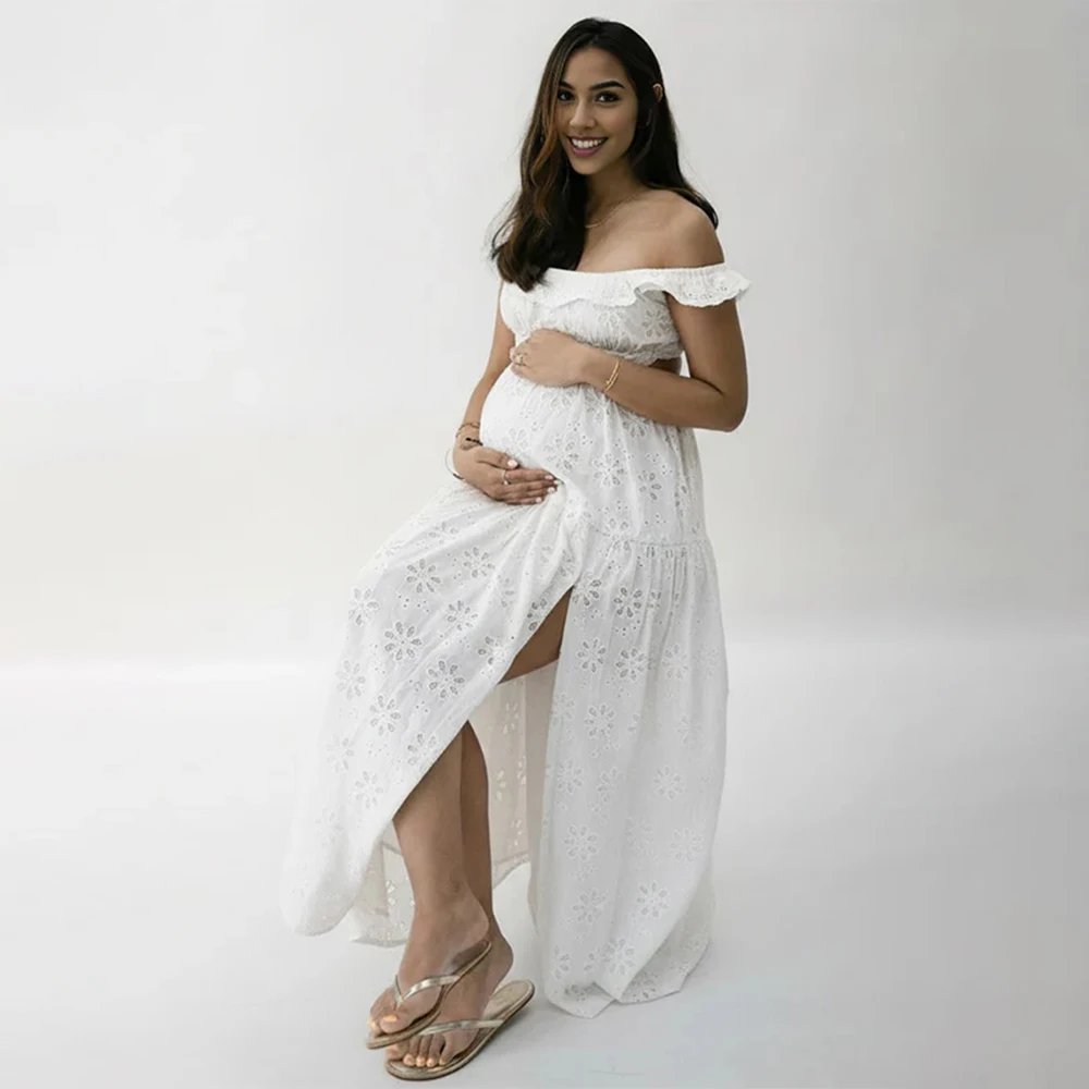 فستان ماكسي للأمهات باللون الأبيض للنساء المطاطي لالتقاط الصور النسائية الأنيقة برقبة مربعة بدون ظهر تنورة طويلة فساتين شاطئ بوهو أنيقة #1