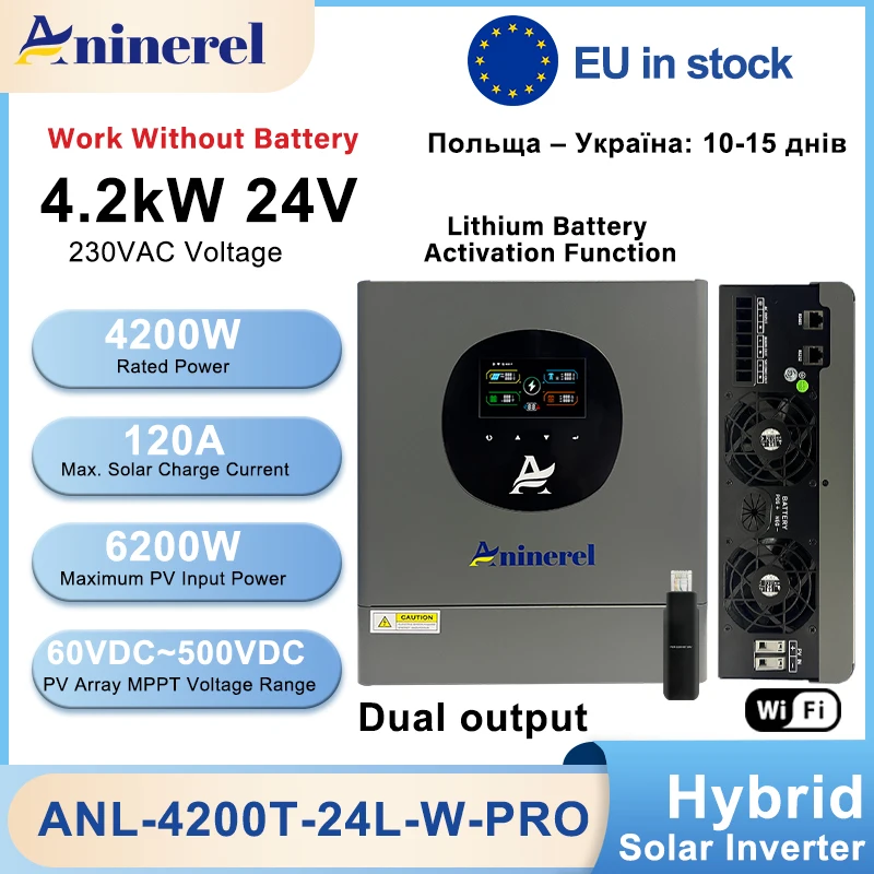 Aninerel 4,2KW Hybrid-Solarwechselrichter 24V Dual-Ausgang Farb-LCD-Display MPPT 120A On/Off-Grid-Wechselrichter mit WLAN EU-Versand