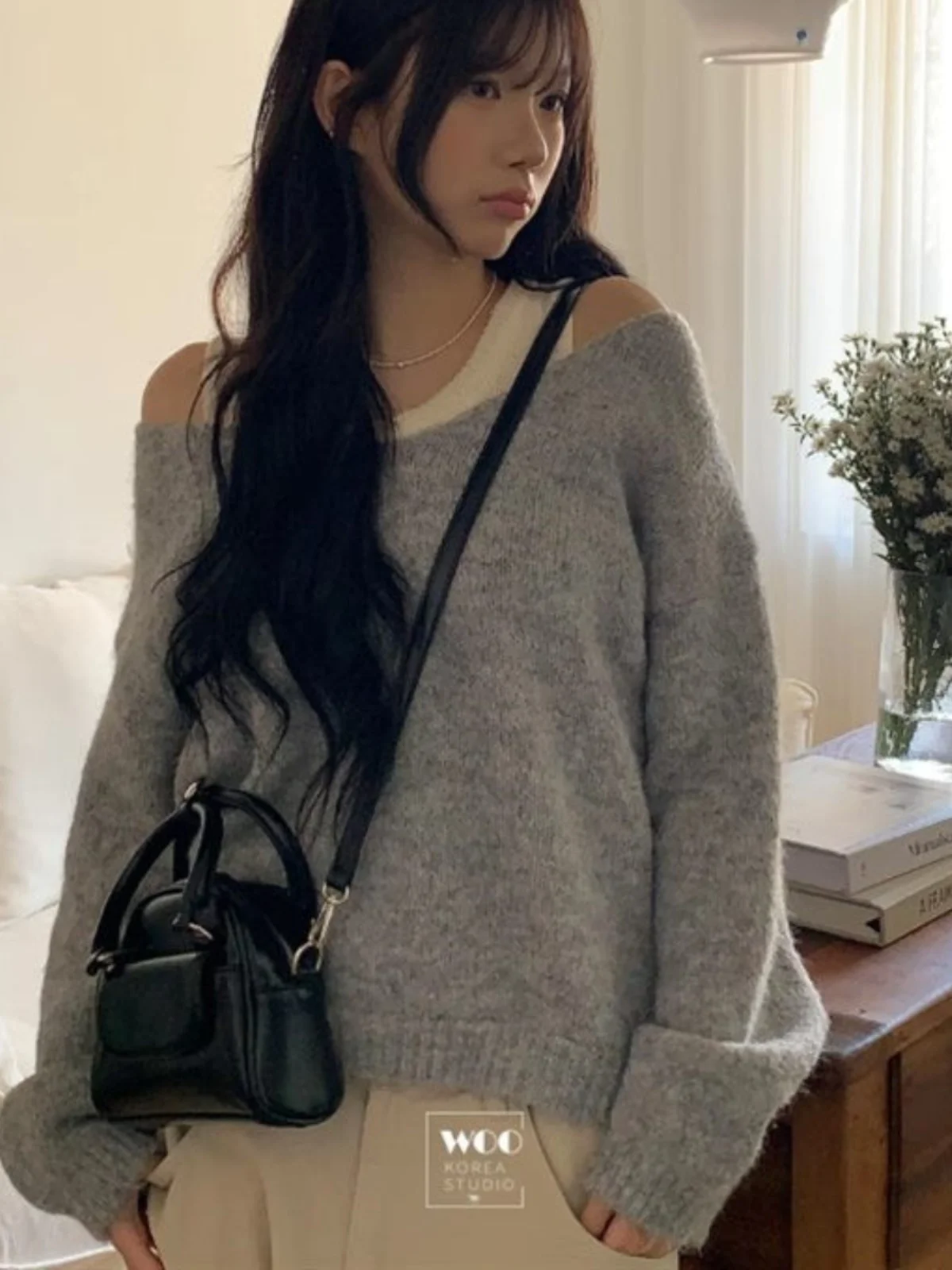 Impresionante Conjunto de Dos Piezas de Suéter de Punto de Manga Larga con Cuello en V y Hombros Descubiertos para Mujer, con...