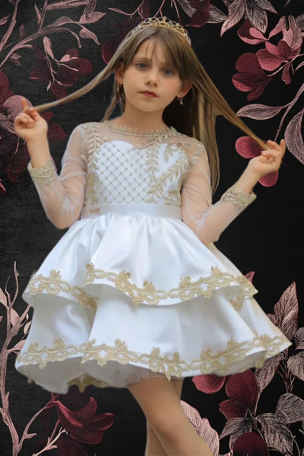 

Elegant Flower Girl Dress For Wedding Puffy Satin Exquisite Gold Applique Little Princess Kids Birthday Party Ball Evening Gowns