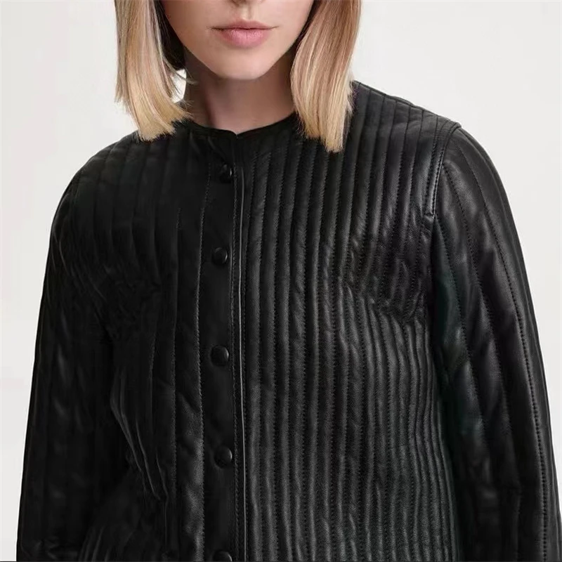 Veste en cuir matelassé droite à col rond pour femme, haute qualité, mode décontractée, veste en coton ample, automne, hiver, nouveau, 2024, Y2K