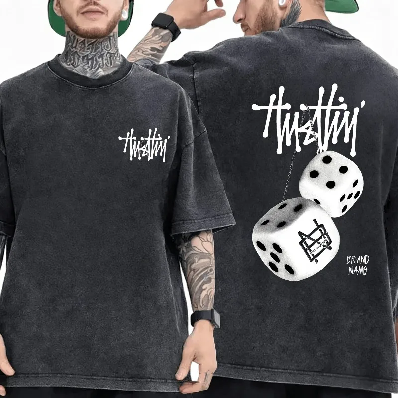 Summer Men Washed T-shirt Sweatshirt Geometric Pattern Print Adult Street Casual Fashion Loose Top Hip Hop Street Men's Clothes