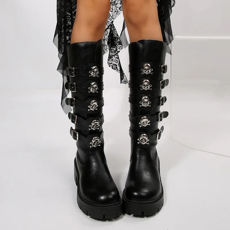 

Punk Women Boots Ladies Cosplay High Boots Comfort Long Tube Leather Boots Black Square Heel Women Shoes Gothic Style