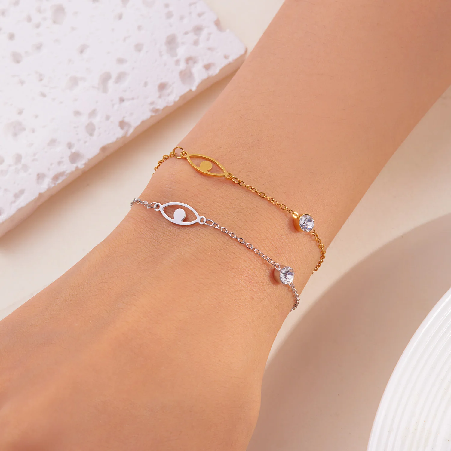 Vintage Evil Eye Stainless Steel Bracelet For Women Man Minimalist Shiny Rhinestone Lucky Jewelry Birthday Gift