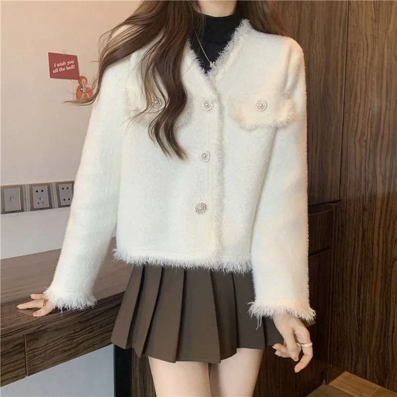 Cardigan Female Fashion Versatile Double sided Plush Coat Korean Long Sleeve V Neck Loose Coat Light Luxury Cardigan Coat Female