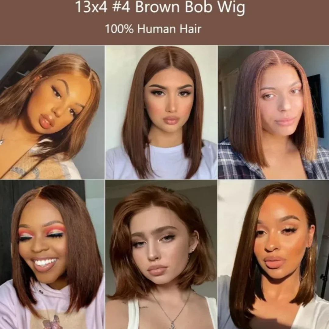 Schokoladenbraune Bob-Perücken, Echthaar, kurze, leimlose Bob-Perücke, braun gefärbt, 13 x 4 Spitzen-Frontal-Echthaar-Perücken für Frauen, 180 Dichte