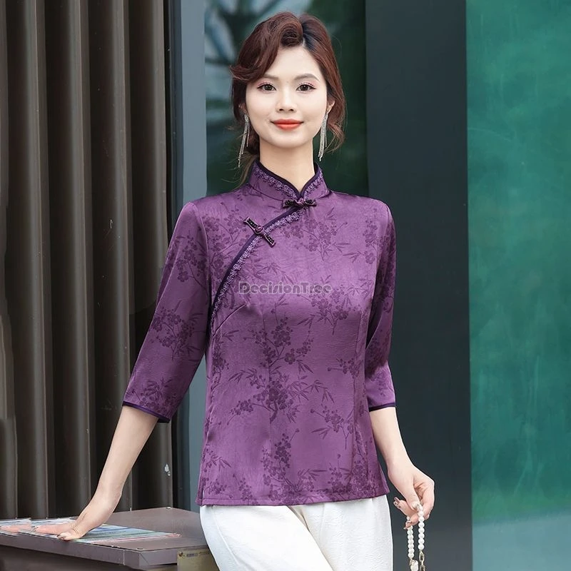 

2025 new chinese style tang suit women stand collar half sleeve retro summer cheongsam top elegant short traditional qipao top