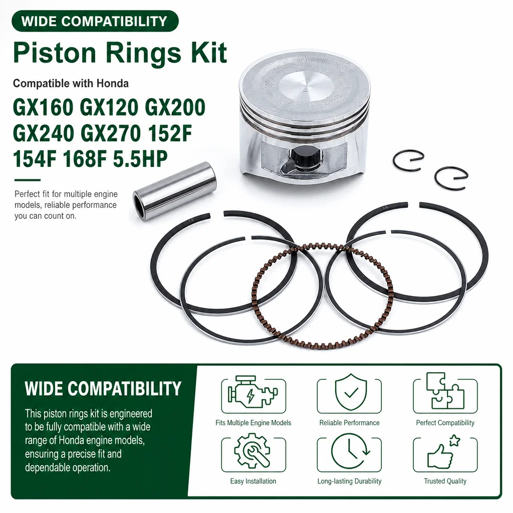 Piston Rings Kit for Honda GX160 GX200 GX120 GX240 GX270 152F 154F 168F 5.5hp with 68mm Piston Pin Clips, Replaces 13101-ZF7-010