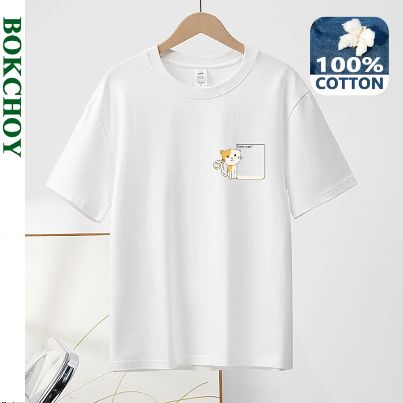 2024 Summer New Pure Cotton Men T-shirts Short Sleeve Cute Cat Printing Casual  Solid Color Thin Top BOK0107