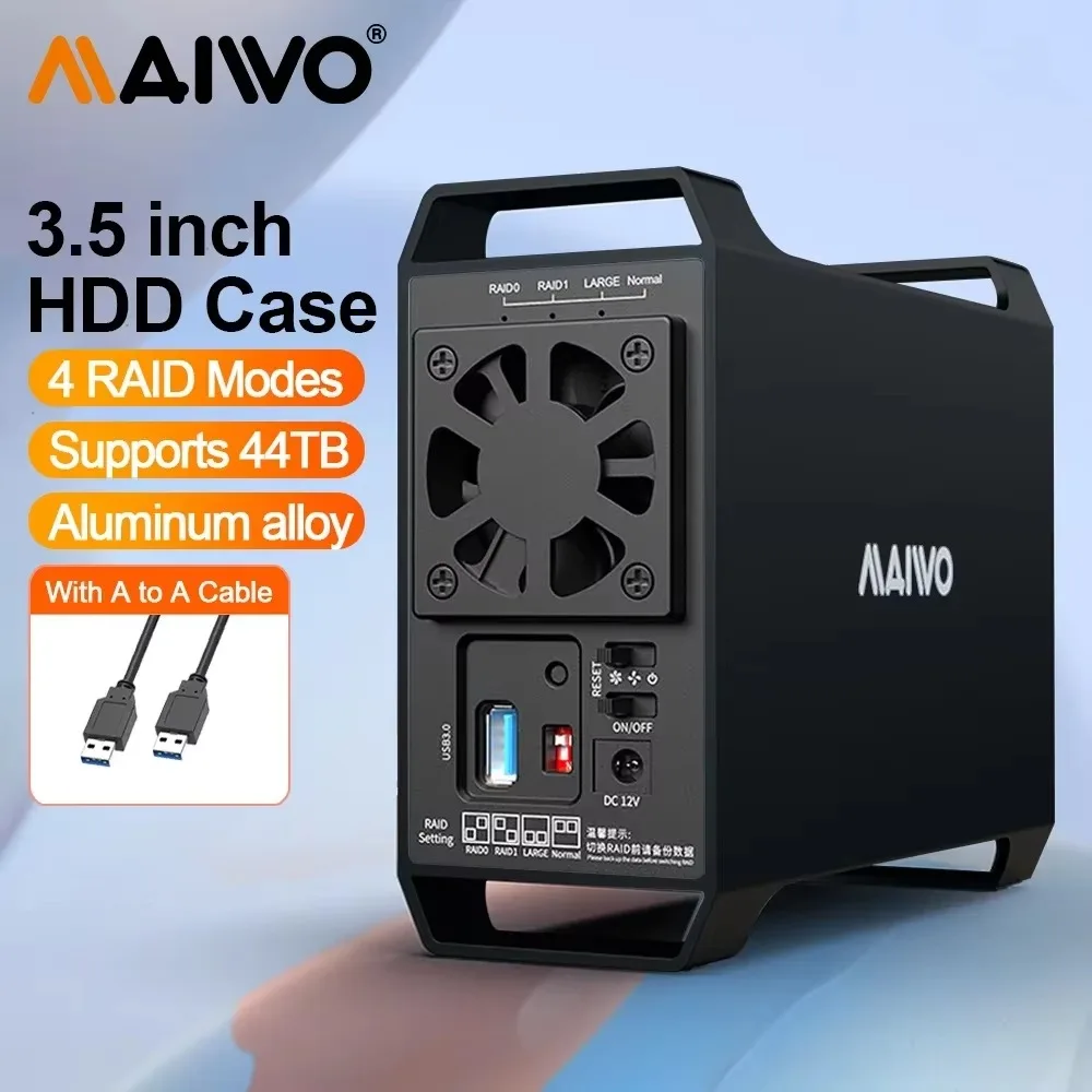 MAIWO HDD-behuizing Dual Bay 3,5-inch Array harde schijfbox SATA naar USB 3.0 schijf externe box, vier RAID-modi met ventilator voor pc-behuizing