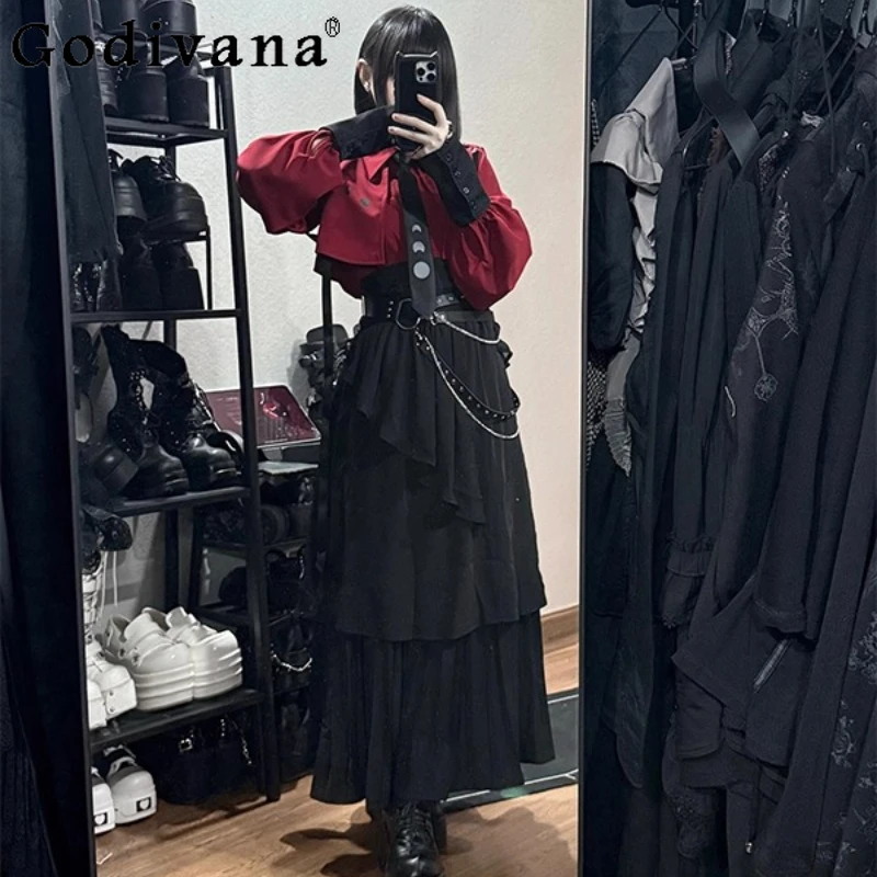 القوطية نمط لوليتا ملابس للنساء أسود أحمر جديد مطوي قميص أنيق التخسيس فستان بحزام طويل الدعاوى الفتيات اليابانية مجموعة