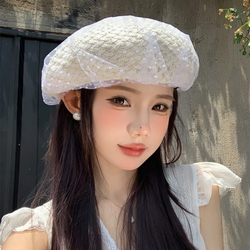 

Korean Mesh Polka Dot Woven Berets Caps Women's Fashion Versatile Newsboy Hat Summer Thin Dome Painter's Hat Gorras Para Mujer