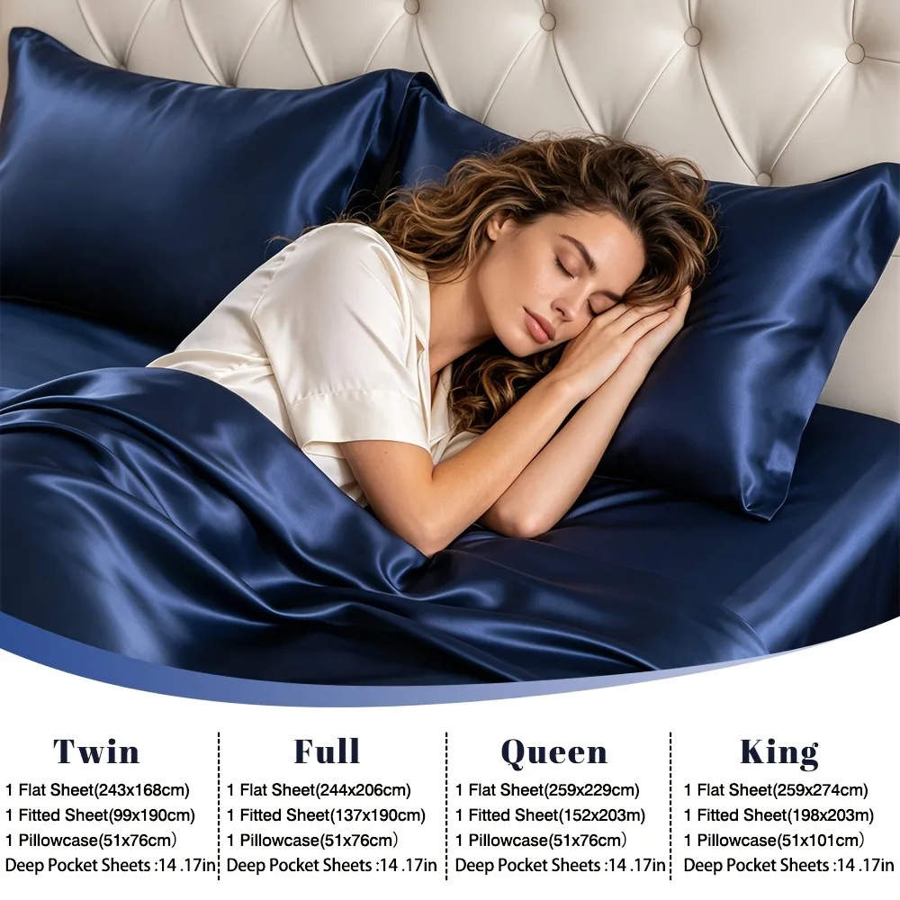 100% Bamboo Fiber Satin Bed Sheet Set 4‑Piece Luxury Silk‑Like Satin Bedding Set Soft Breathable Cooling Bed Duvet Cover Set Pillowcases Full Queen King Size Bed Linen
