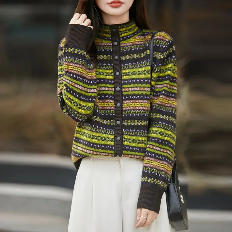 Sheep wool semi-turtleneck retro jacquard autumn and winter loose sweater long sleeve knitted cardigan women 3