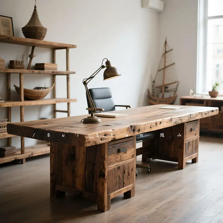 

CZ wabi-sabi wind old boat wood retro heavy large solid wood desk writing desk computer desk workbench