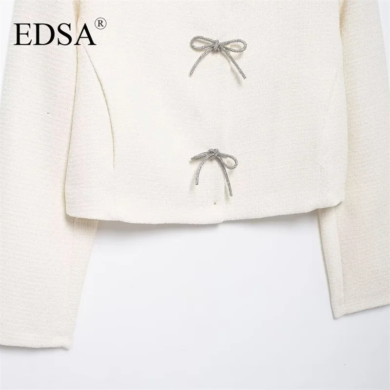 EDSA Women White Tweed Jackets with Bow Vintage Single Breasted Lapel Neck Long Sleeves Textured Coat Female Chic Lady Outfits