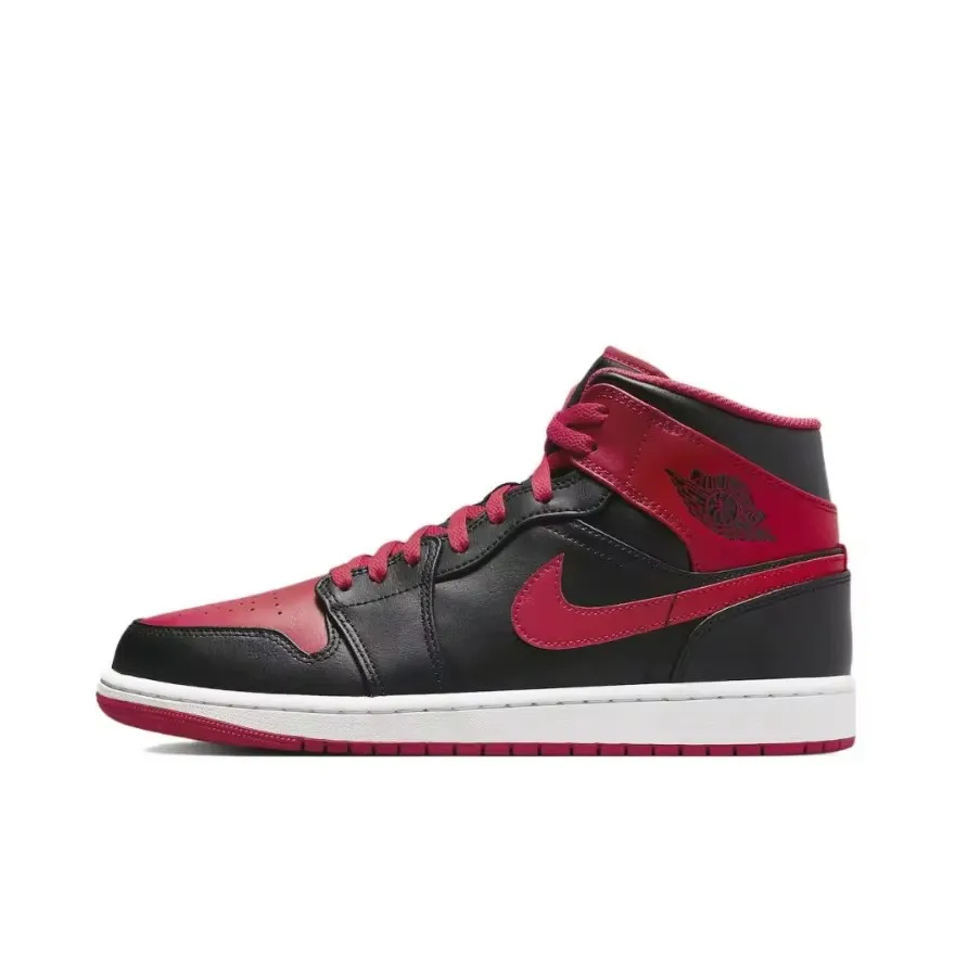 Nike Original Air Jordan 1 MID Classic Retro Basketball Shoes Anti skid Wear resistant Men's Sneakers Red and Black Colorway